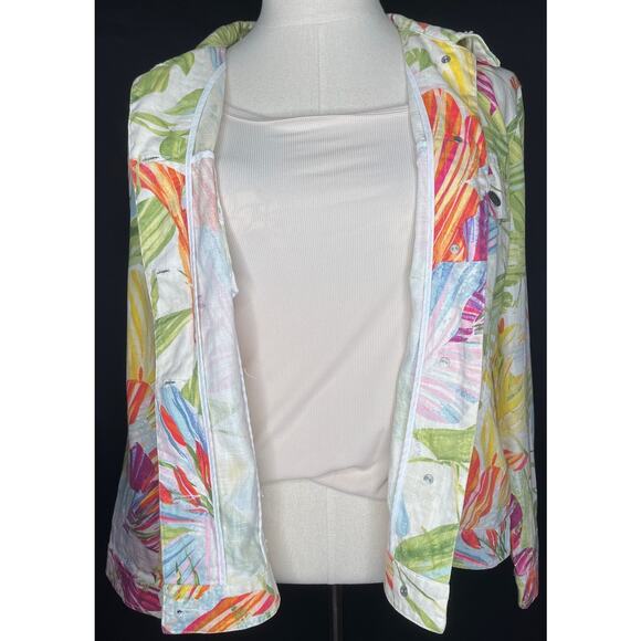 Chico's women button up jacket floral tropical Hawaii long sleeve linen blend 3 - Picture 6 of 11